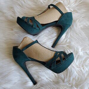 Charlotte Russe Emeral Green T Strap Open Toe Platform Stiletto Heel Shoe SZ 9